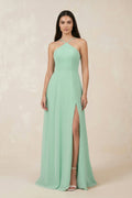 Halter Chiffon A-Line Bridesmaid Dress With Slit in Pale Pistachio - Curvevia