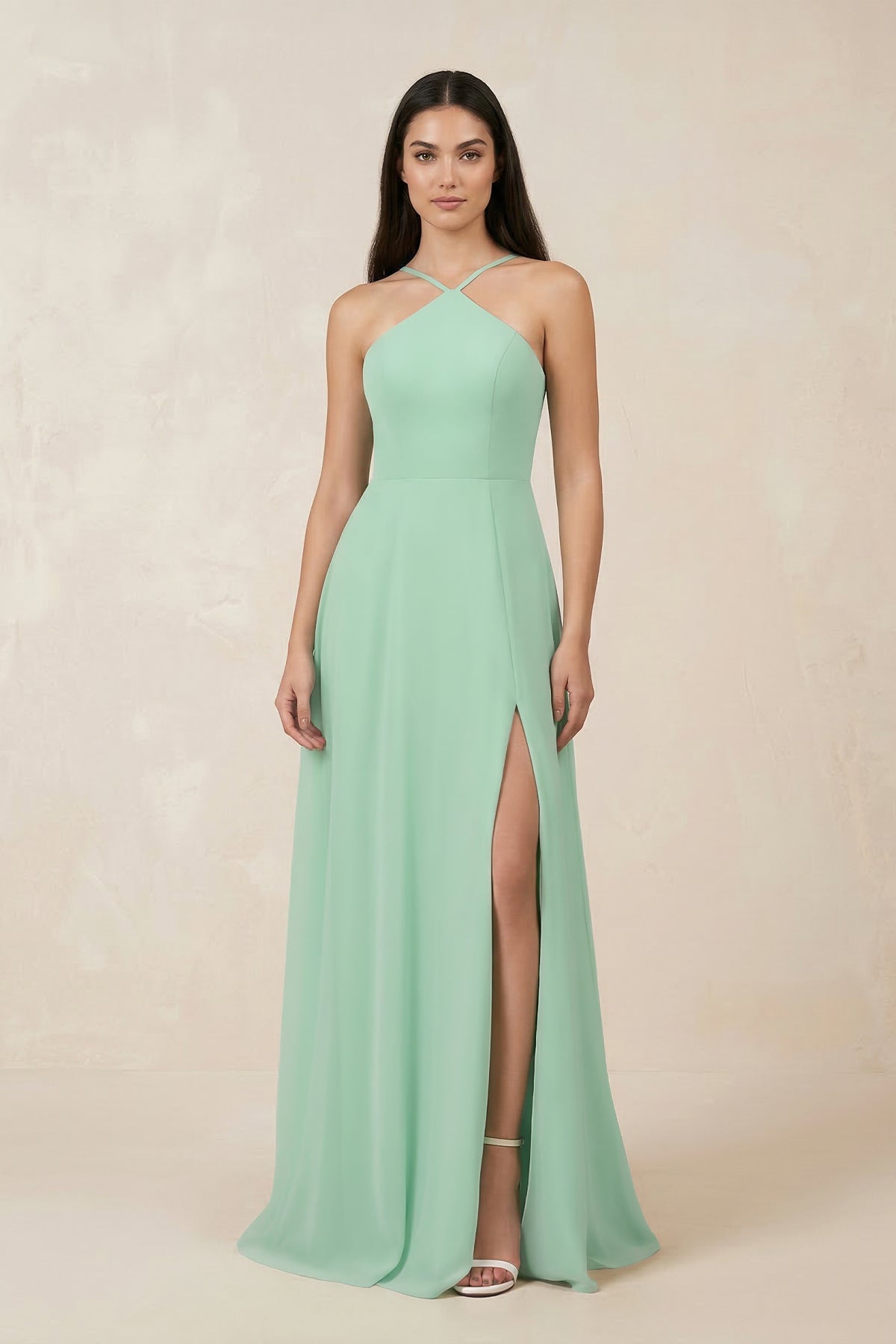 Halter Chiffon A-Line Bridesmaid Dress With Slit in Pale Pistachio - Curvevia