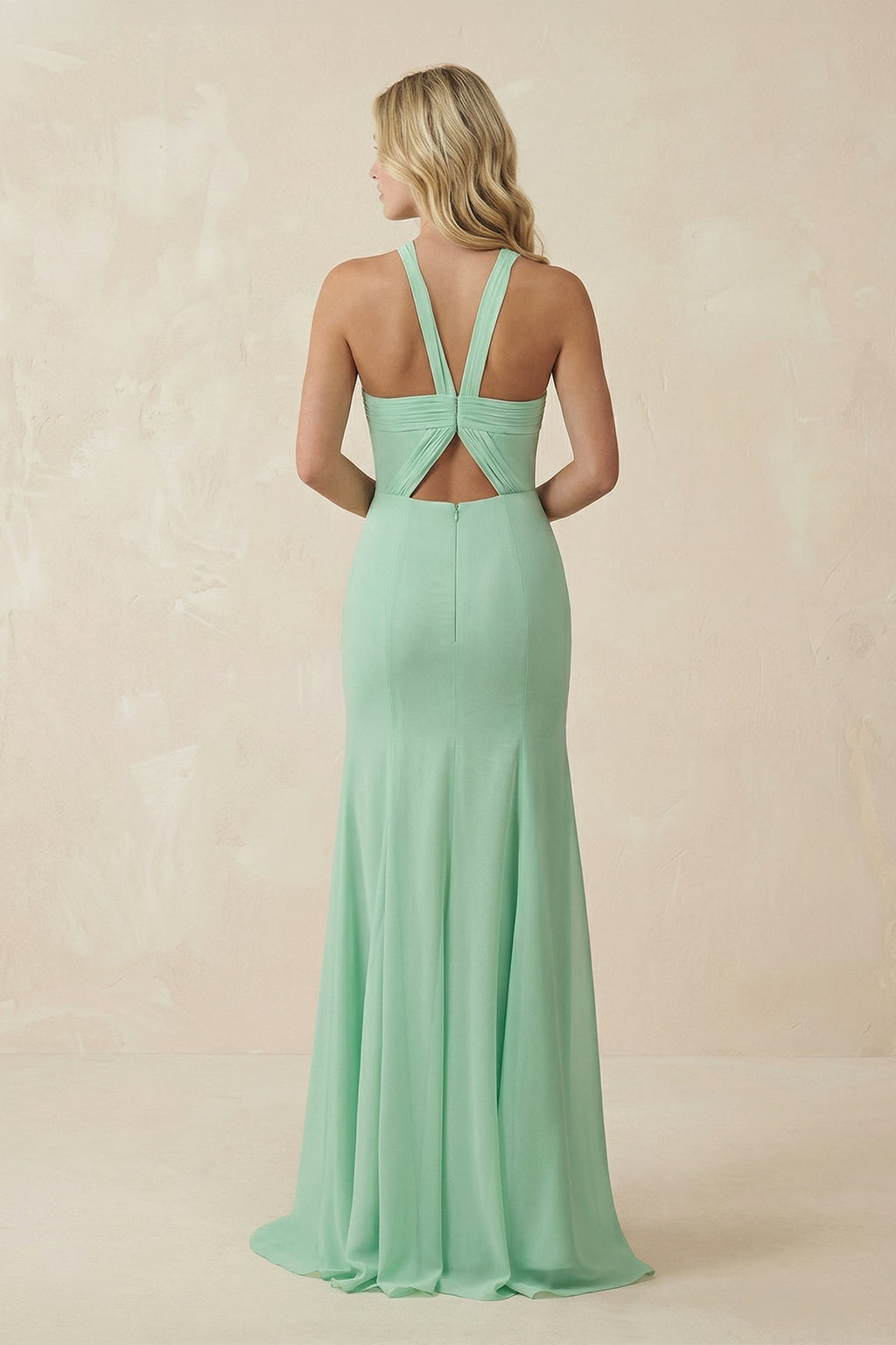 Halter Chiffon Mermaid Ruched Bridesmaid Dress in Pale Pistachio - Curvevia