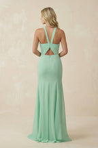 Halter Chiffon Mermaid Ruched Bridesmaid Dress in Pale Pistachio - Curvevia