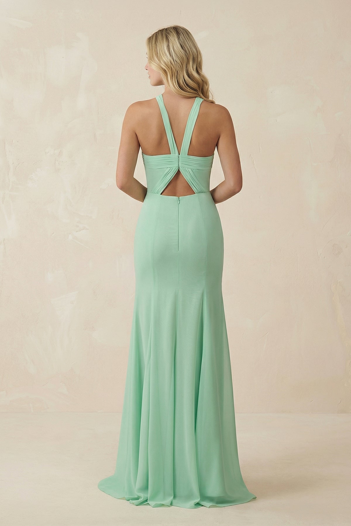 Halter Chiffon Mermaid Ruched Bridesmaid Dress in Pale Pistachio - Curvevia