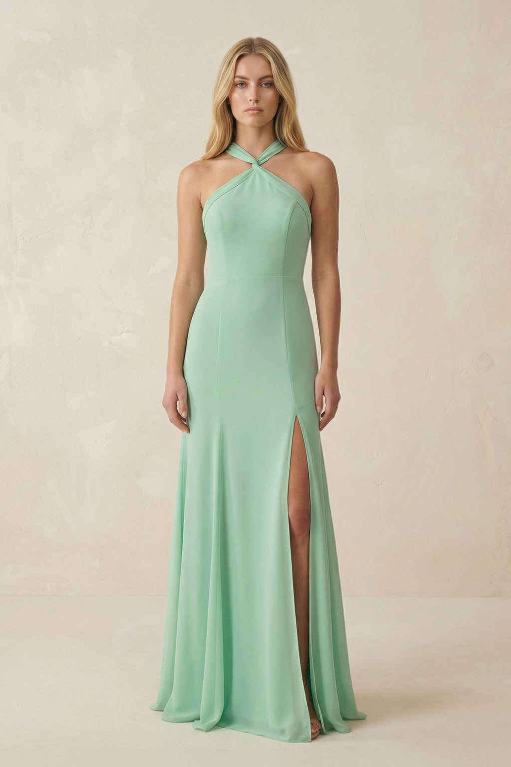 Halter Chiffon Mermaid Ruched Bridesmaid Dress in Pale Pistachio - Curvevia