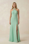 Halter Chiffon Mermaid Ruched Bridesmaid Dress in Pale Pistachio - Curvevia