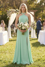 Halter Chiffon Mermaid Ruched Bridesmaid Dress in Pale Pistachio - Curvevia