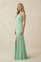 Halter Chiffon Mermaid Ruched Bridesmaid Dress in Pale Pistachio - Curvevia