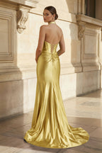 Navy Halter Corset Mermaid Ruched Long Evening Dress with Slit - Curvevia