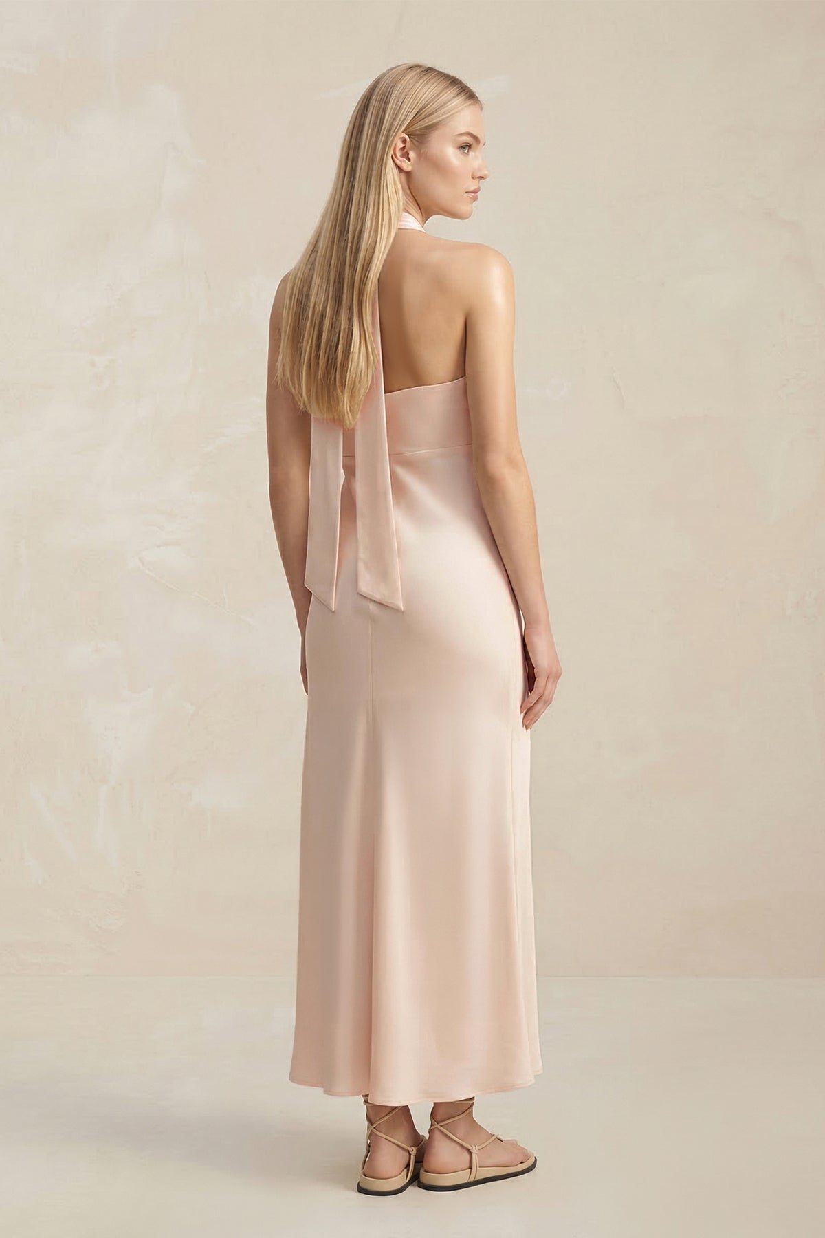 Halter Keyhole Sheath Midi Bridesmaid Dress in Buttercream - Curvevia
