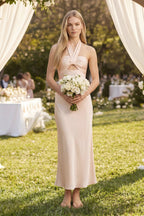 Halter Keyhole Sheath Midi Bridesmaid Dress in Buttercream - Curvevia