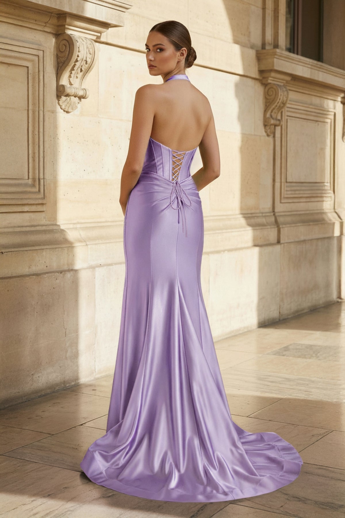 Navy Halter Corset Mermaid Ruched Long Evening Dress with Slit - Curvevia