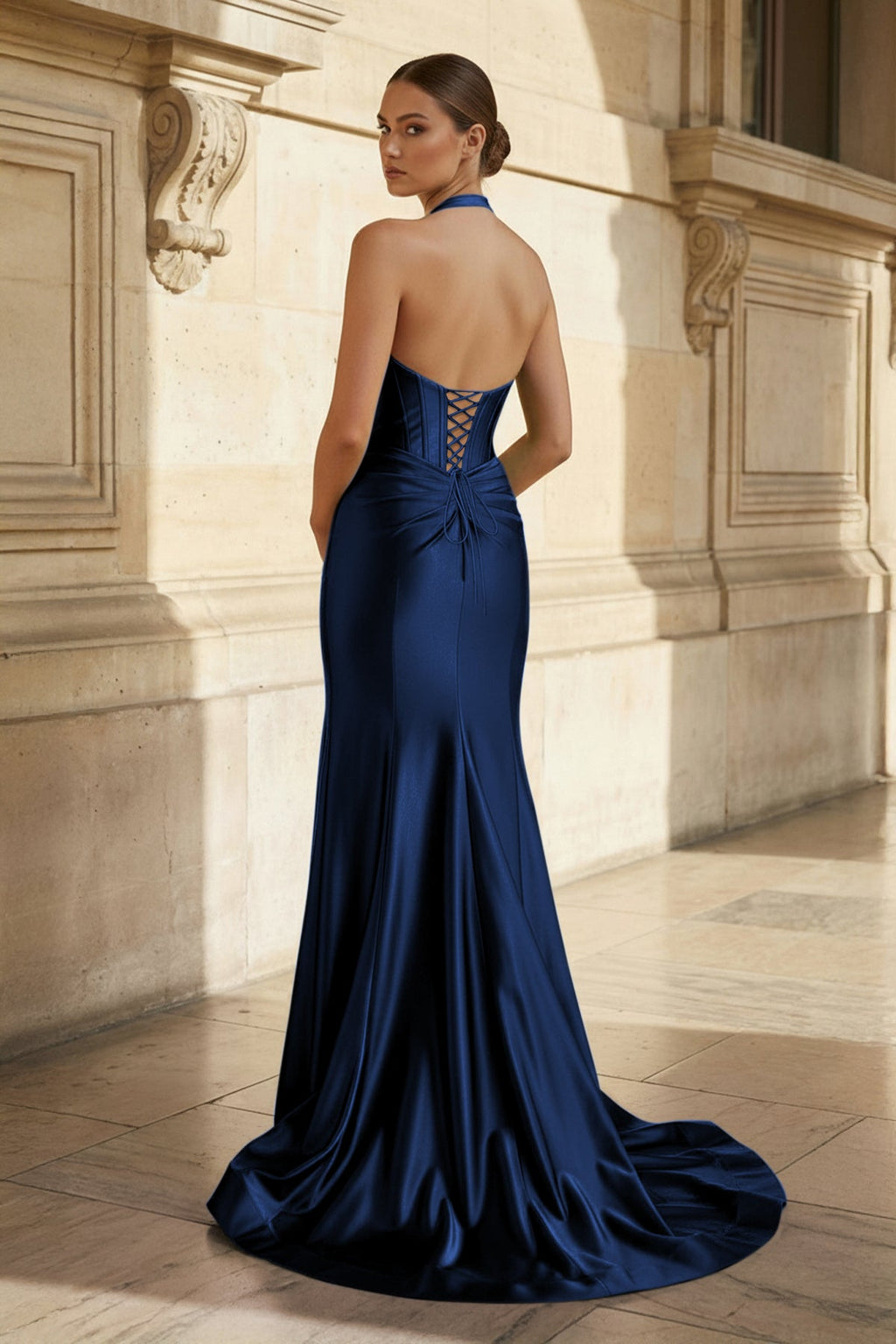 Navy Halter Corset Mermaid Ruched Long Evening Dress with Slit - Curvevia