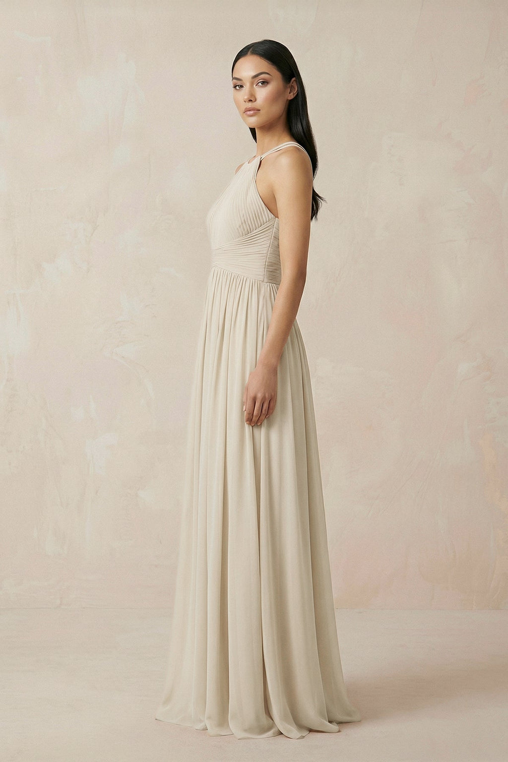 Halter Neck A-Line Chiffon Bridesmaid Dress in Champagne - Curvevia