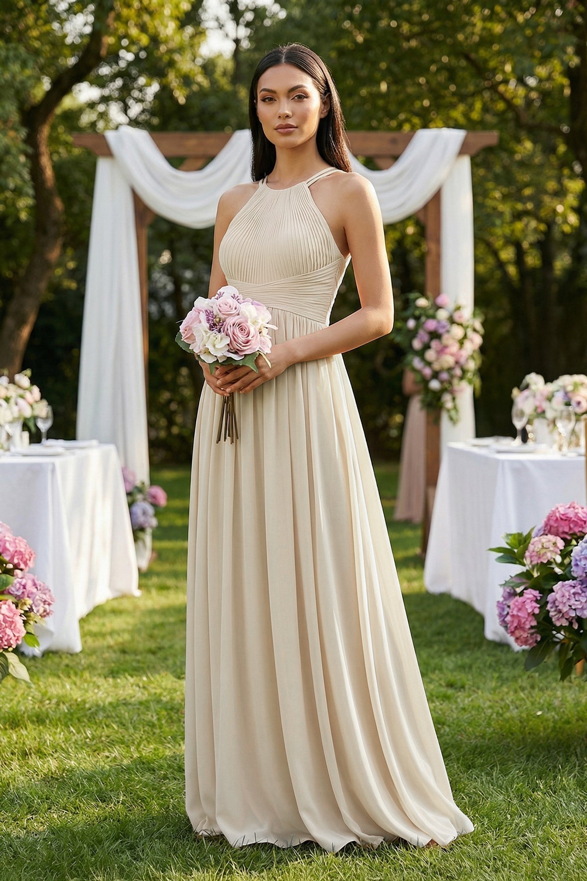 Halter Neck A-Line Chiffon Bridesmaid Dress in Champagne - Curvevia