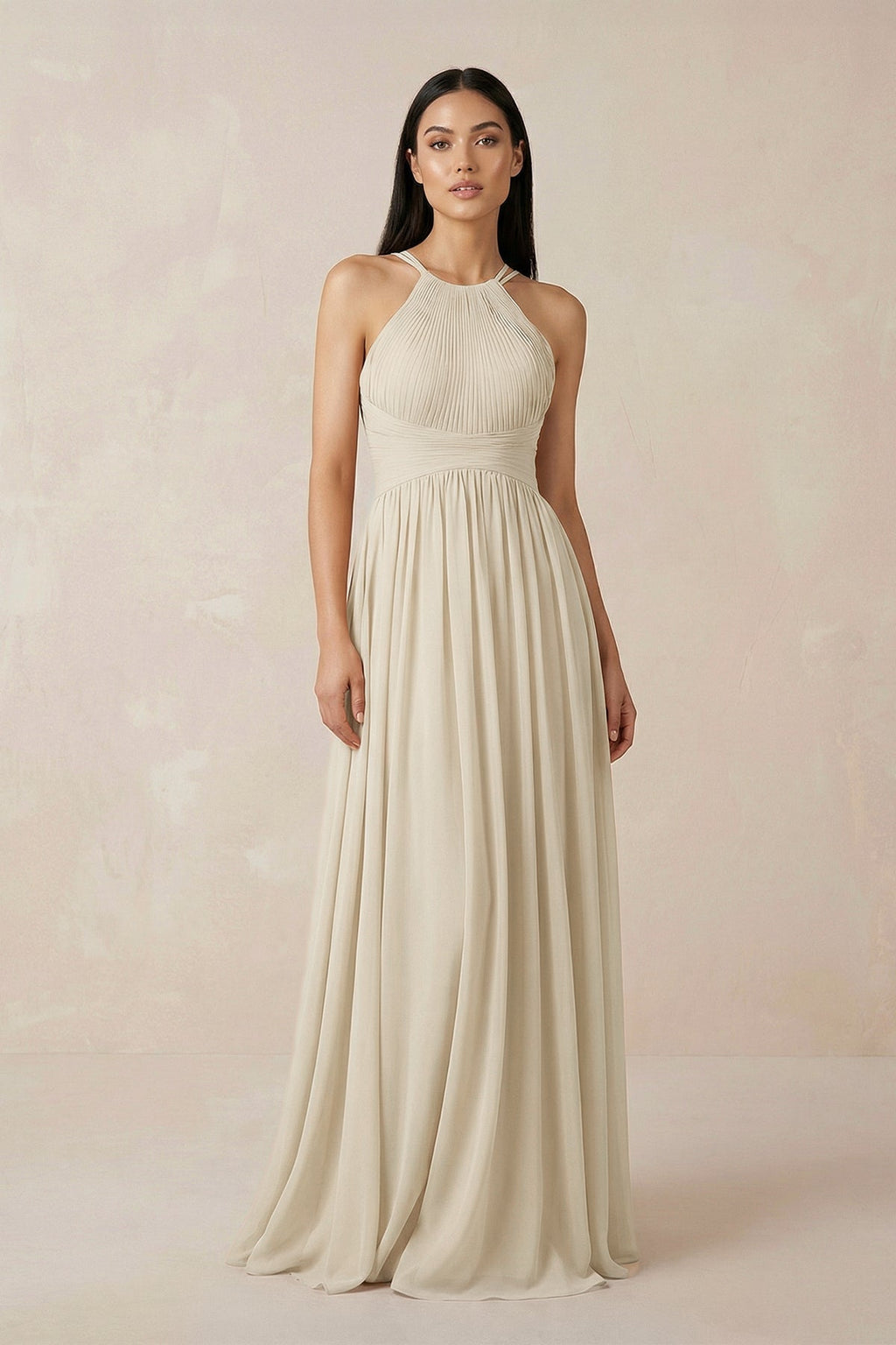 Halter Neck A-Line Chiffon Bridesmaid Dress in Champagne - Curvevia