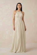 Halter Neck A-Line Chiffon Bridesmaid Dress in Champagne - Curvevia