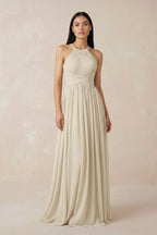 Halter Neck A-Line Chiffon Bridesmaid Dress in Champagne - Curvevia