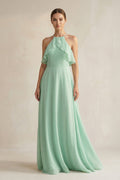 Halter Neck A-Line Chiffon Bridesmaid Dress with Keyhole in Pale Pistachio - Curvevia