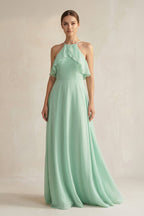 Halter Neck A-Line Chiffon Bridesmaid Dress with Keyhole in Pale Pistachio - Curvevia