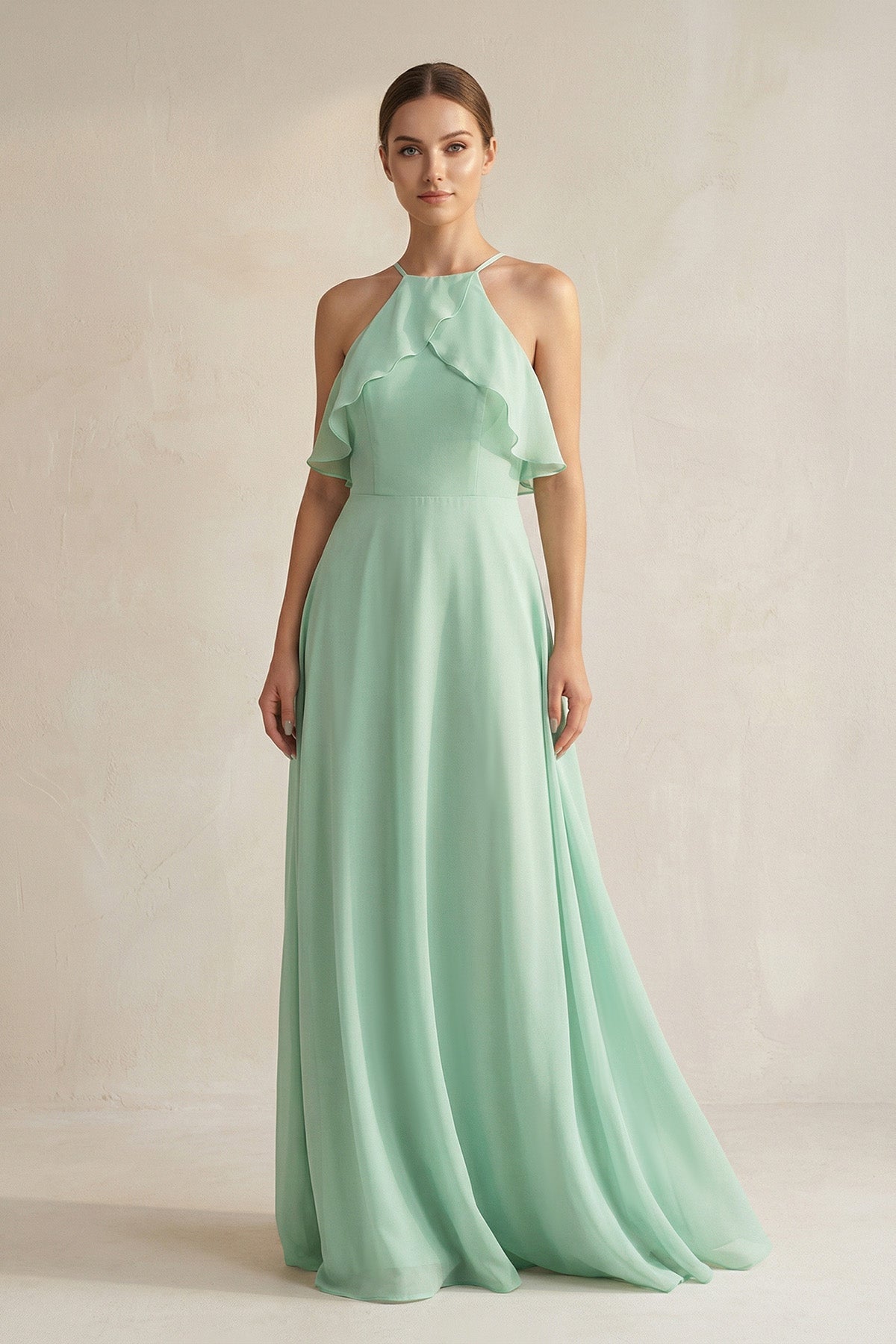 Halter Neck A-Line Chiffon Bridesmaid Dress with Keyhole in Pale Pistachio - Curvevia