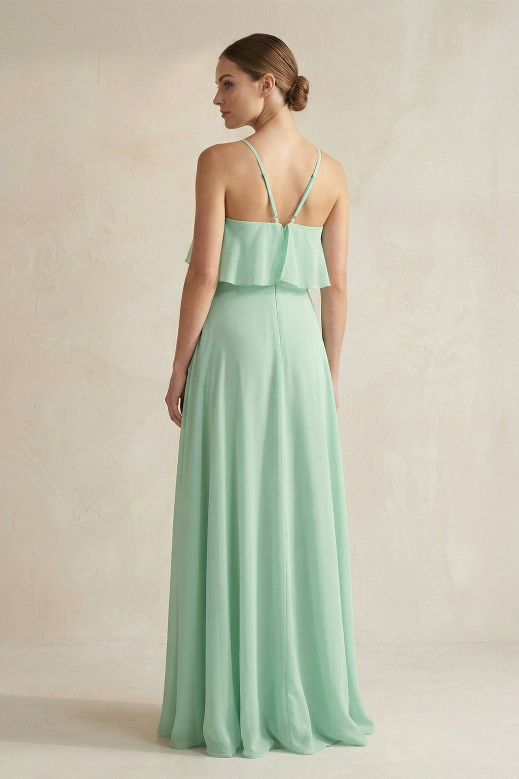 Halter Neck A-Line Chiffon Bridesmaid Dress with Keyhole in Pale Pistachio - Curvevia