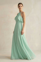 Halter Neck A-Line Chiffon Bridesmaid Dress with Keyhole in Pale Pistachio - Curvevia
