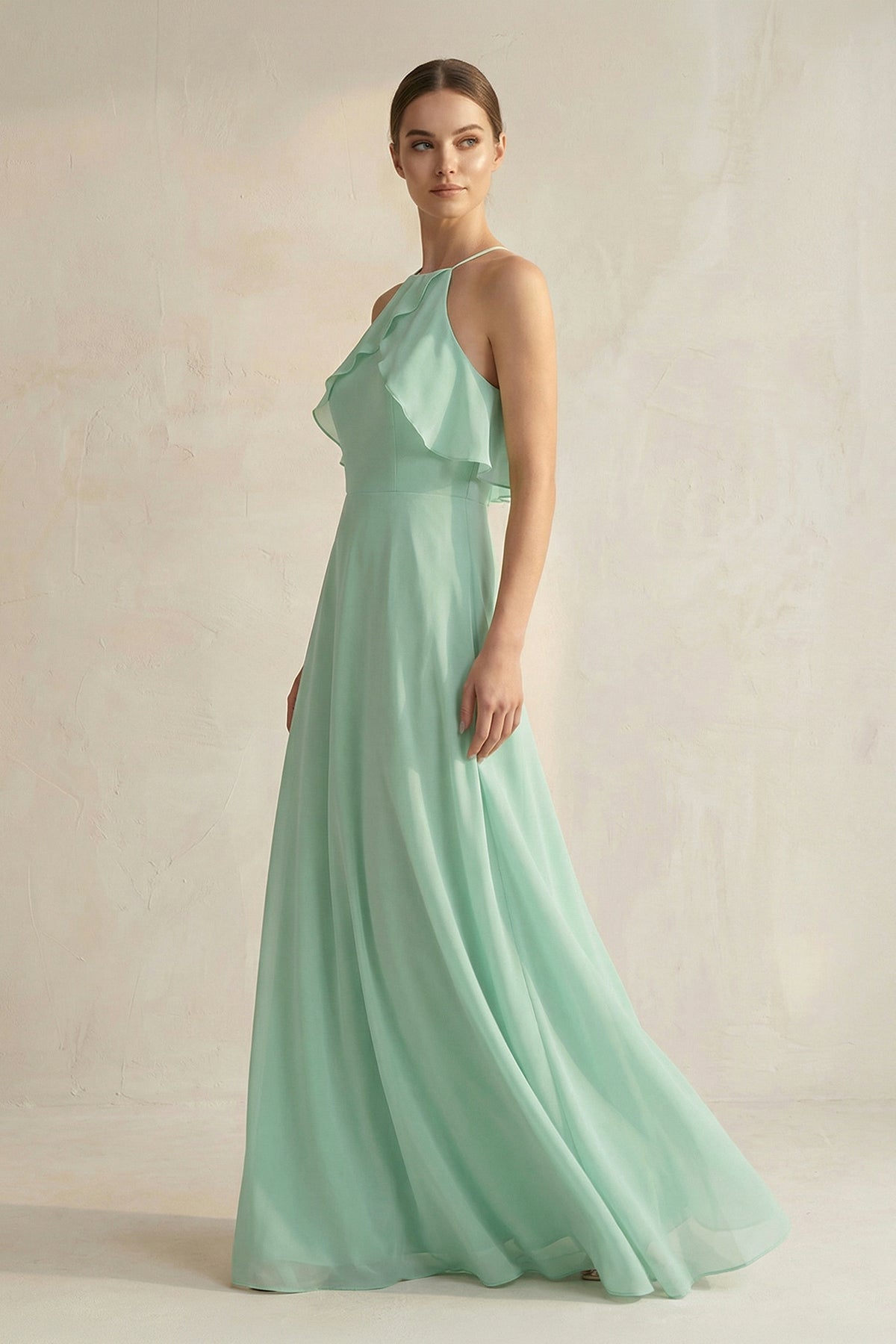 Halter Neck A-Line Chiffon Bridesmaid Dress with Keyhole in Pale Pistachio - Curvevia