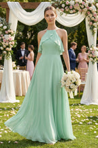 Halter Neck A-Line Chiffon Bridesmaid Dress with Keyhole in Pale Pistachio - Curvevia