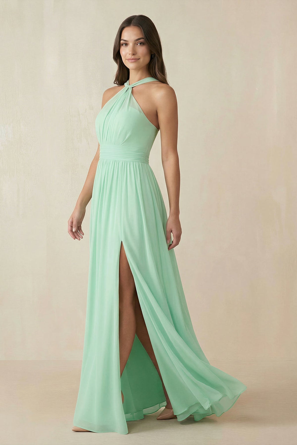 Halter Neck Ruched A-Line Chiffon Mother of the Bride Dress in Pale Pistachio - Curvevia