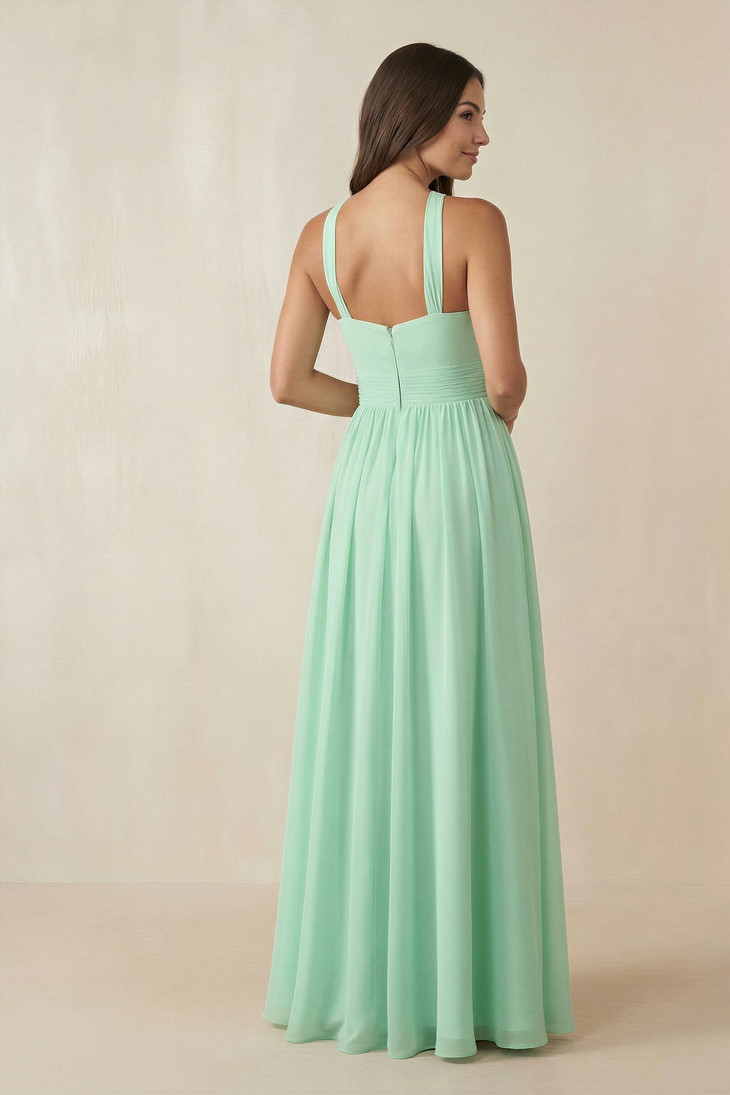 Halter Neck Ruched A-Line Chiffon Mother of the Bride Dress in Pale Pistachio - Curvevia