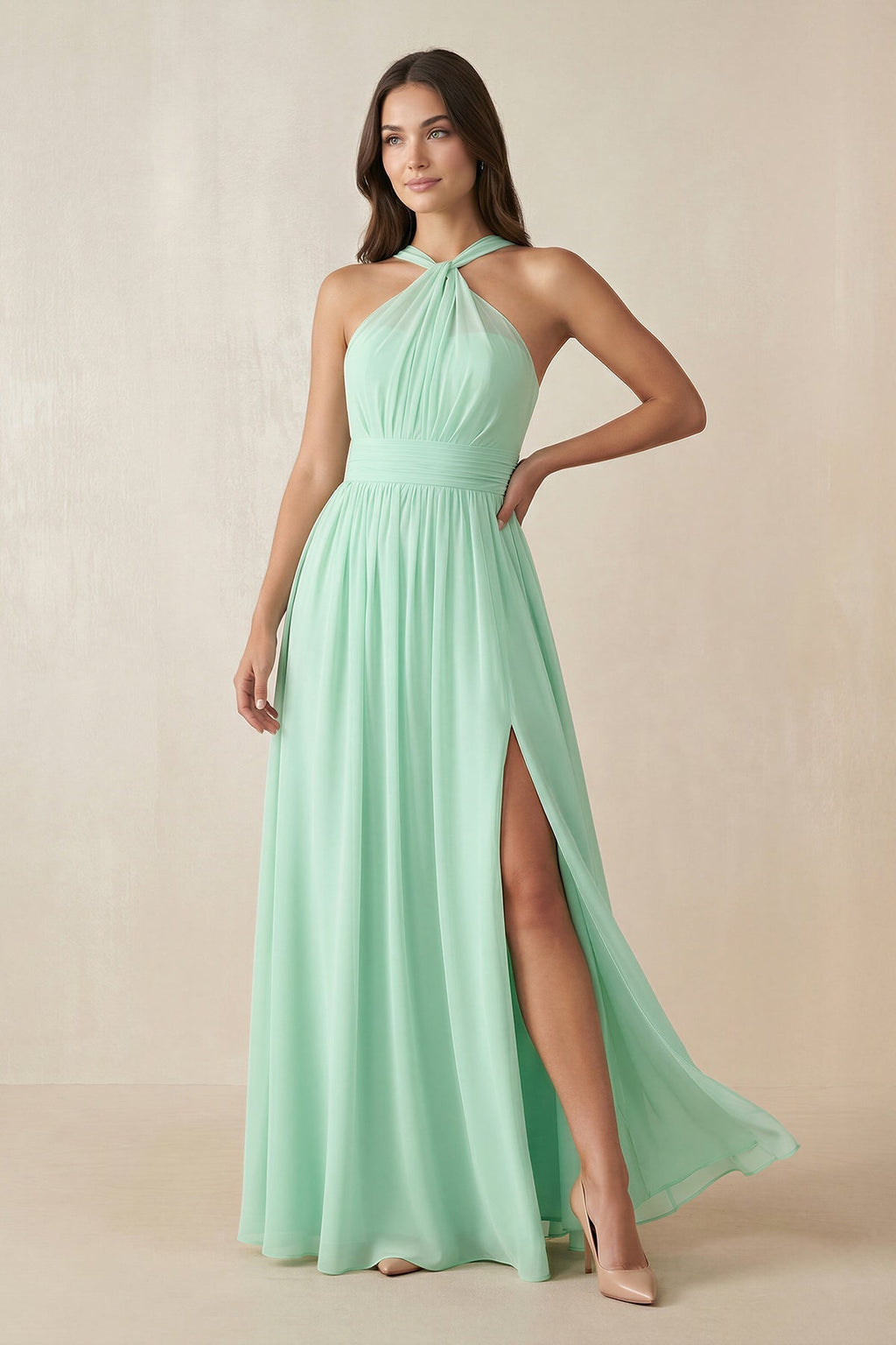 Halter Neck Ruched A-Line Chiffon Mother of the Bride Dress in Pale Pistachio - Curvevia