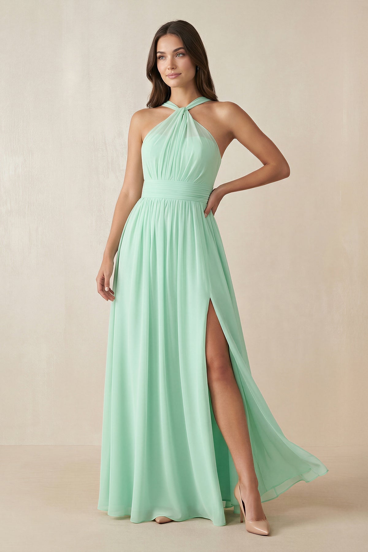 Halter Neck Ruched A-Line Chiffon Mother of the Bride Dress in Pale Pistachio - Curvevia