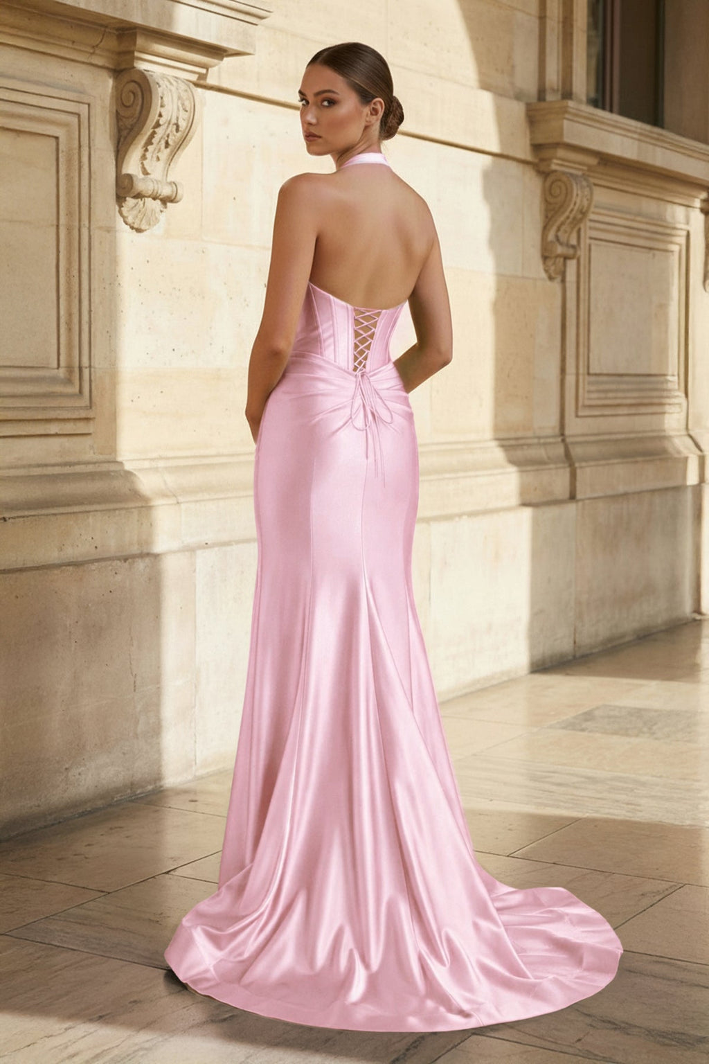Navy Halter Corset Mermaid Ruched Long Evening Dress with Slit - Curvevia