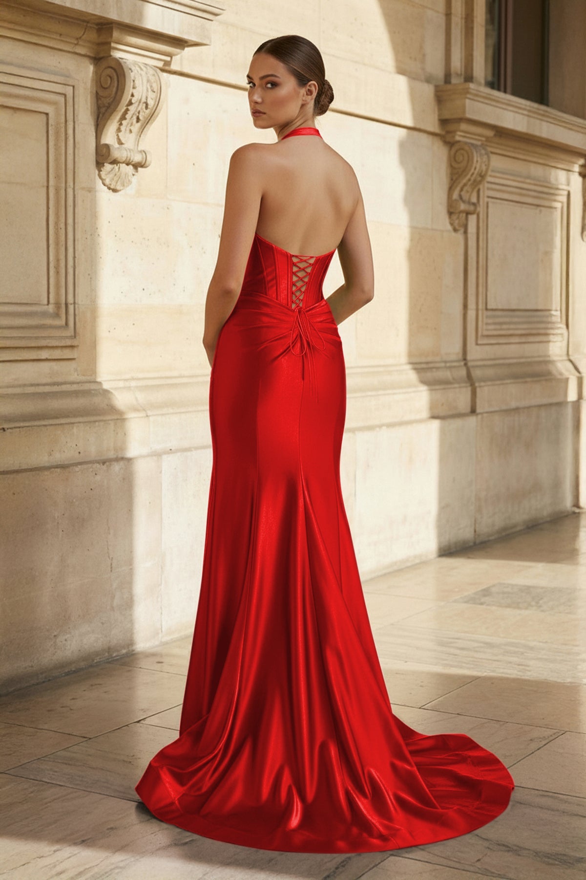 Navy Halter Corset Mermaid Ruched Long Evening Dress with Slit - Curvevia