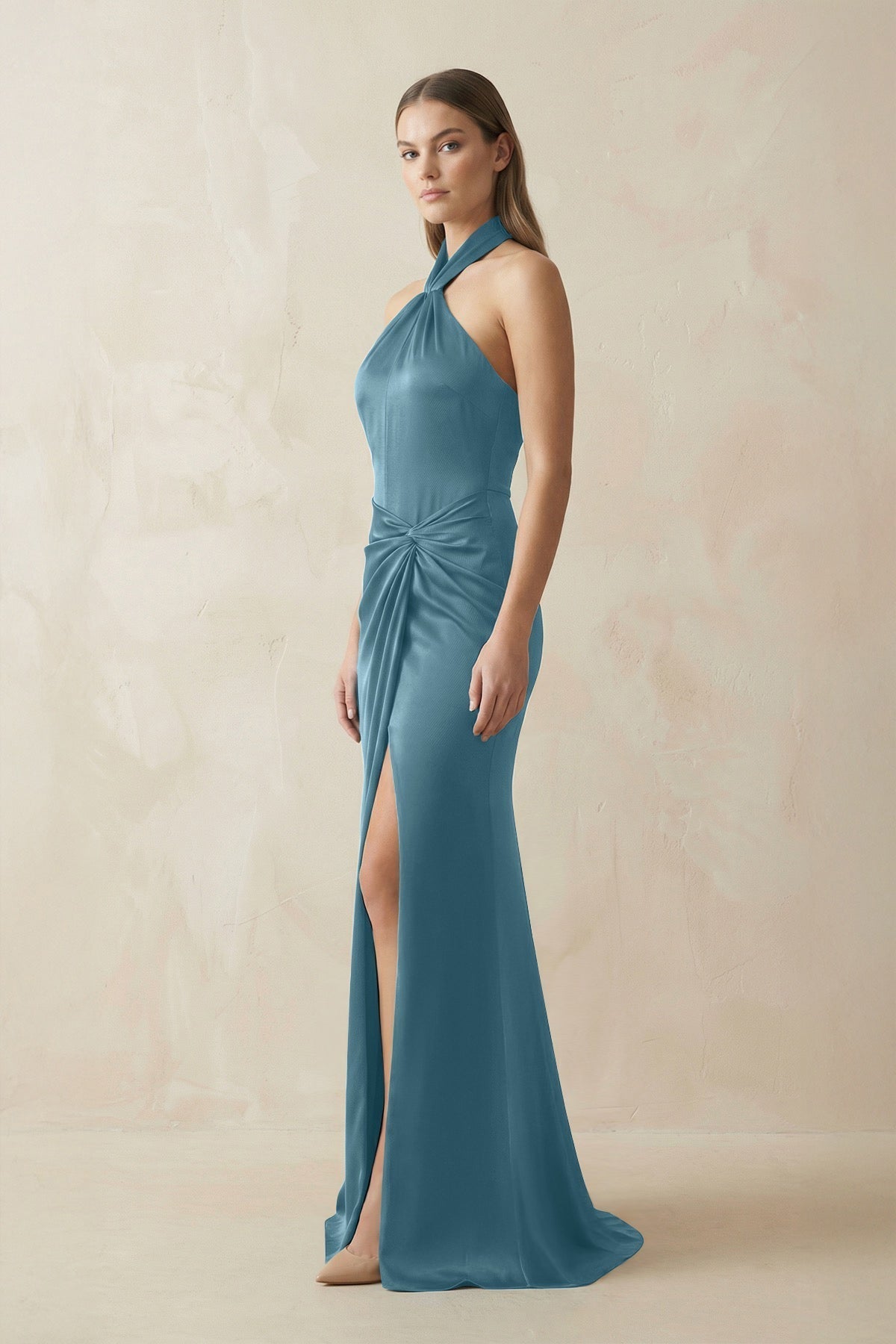 Halter Ruched Sheath Satin Bridesmaid Dress in Twilight - Curvevia