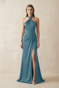 Halter Ruched Sheath Satin Bridesmaid Dress in Twilight - Curvevia