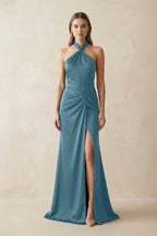 Halter Ruched Sheath Satin Bridesmaid Dress in Twilight - Curvevia