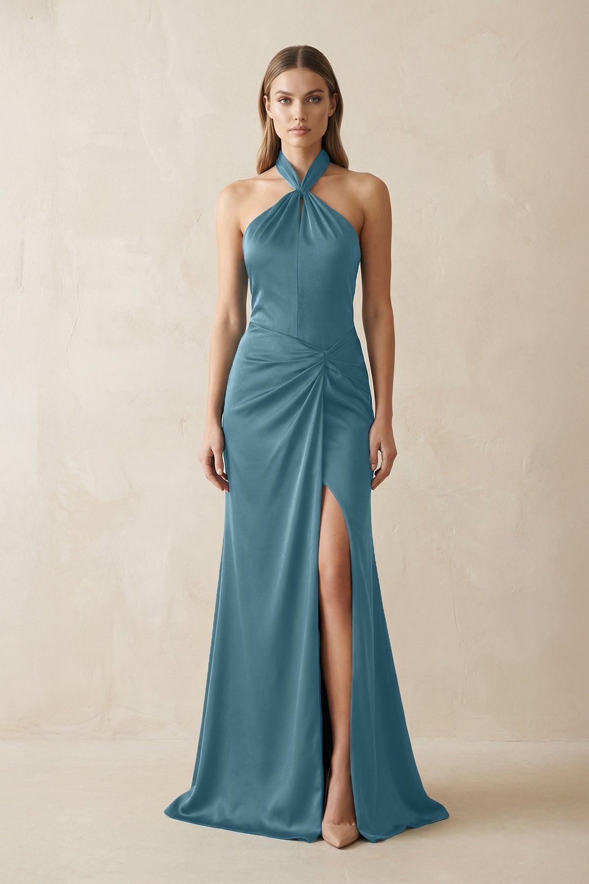 Halter Ruched Sheath Satin Bridesmaid Dress in Twilight - Curvevia