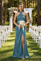 Halter Ruched Sheath Satin Bridesmaid Dress in Twilight - Curvevia