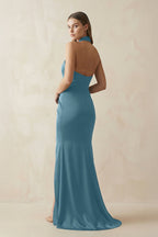 Halter Ruched Sheath Satin Bridesmaid Dress in Twilight - Curvevia