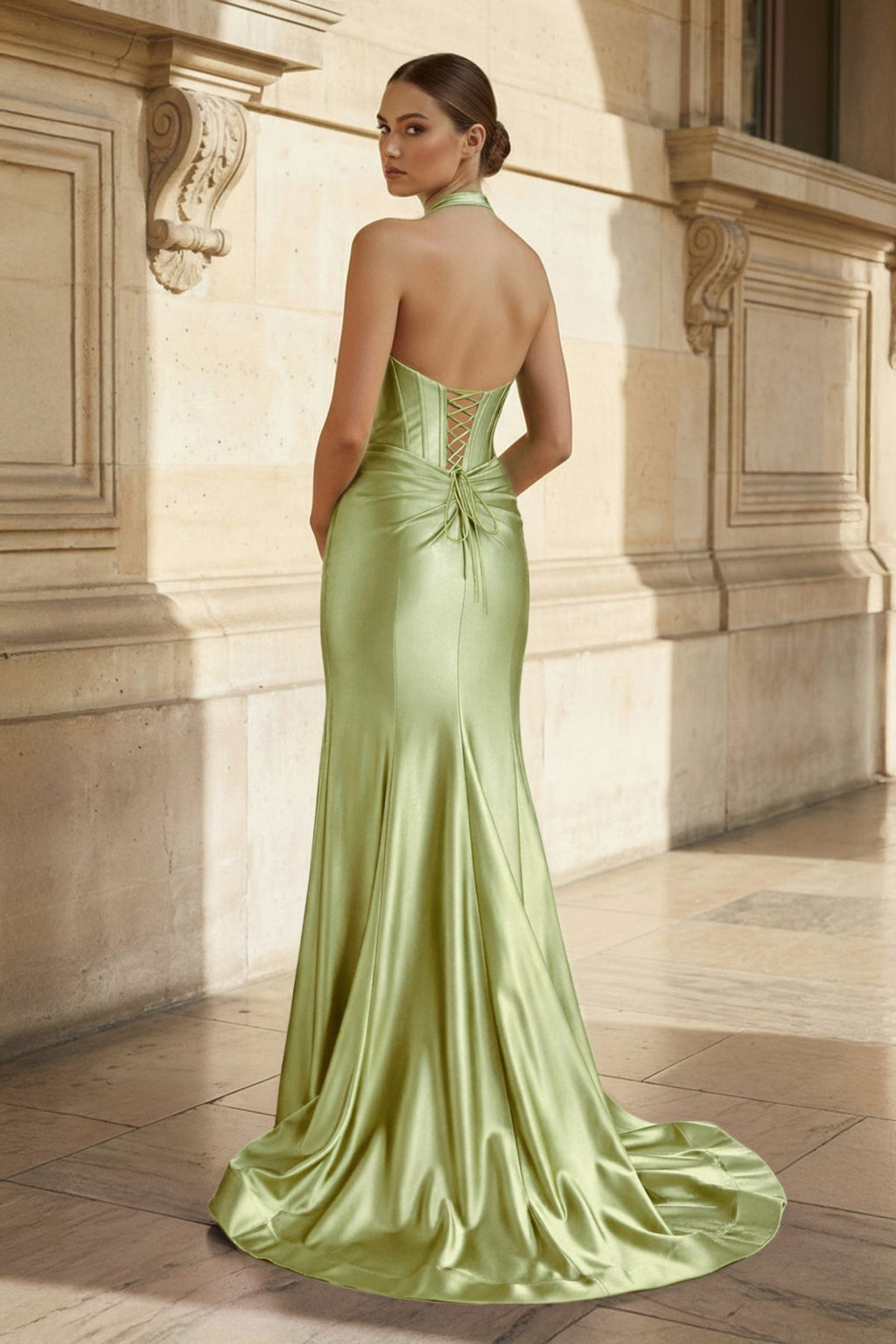 Navy Halter Corset Mermaid Ruched Long Evening Dress with Slit - Curvevia