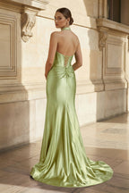 Navy Halter Corset Mermaid Ruched Long Evening Dress with Slit - Curvevia