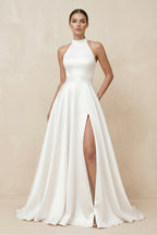 Simple Modest A-Line Halter Maxi Wedding Dress - Curvevia