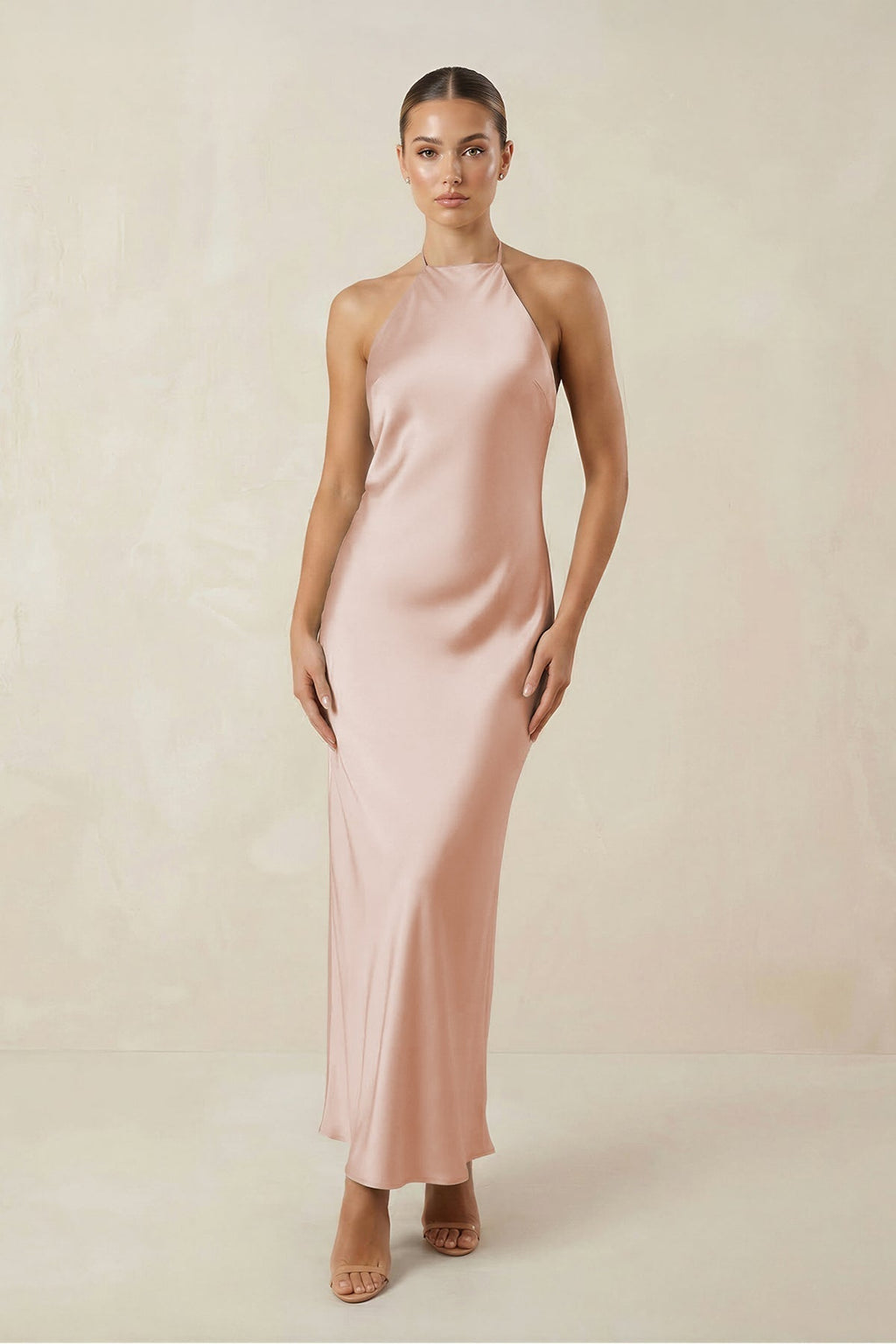 Halter Satin Sheath Midi Bridesmaid Dress in Pale Blush - Curvevia