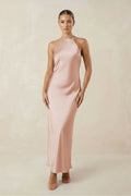 Halter Satin Sheath Midi Bridesmaid Dress in Pale Blush - Curvevia