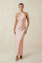 Halter Satin Sheath Midi Bridesmaid Dress in Pale Blush - Curvevia