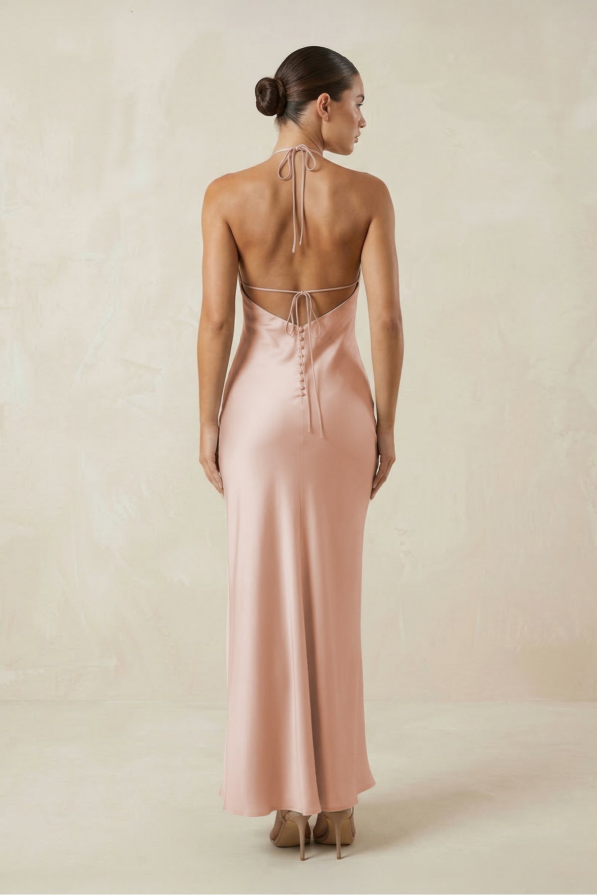 Halter Satin Sheath Midi Bridesmaid Dress in Pale Blush - Curvevia