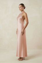 Halter Satin Sheath Midi Bridesmaid Dress in Pale Blush - Curvevia