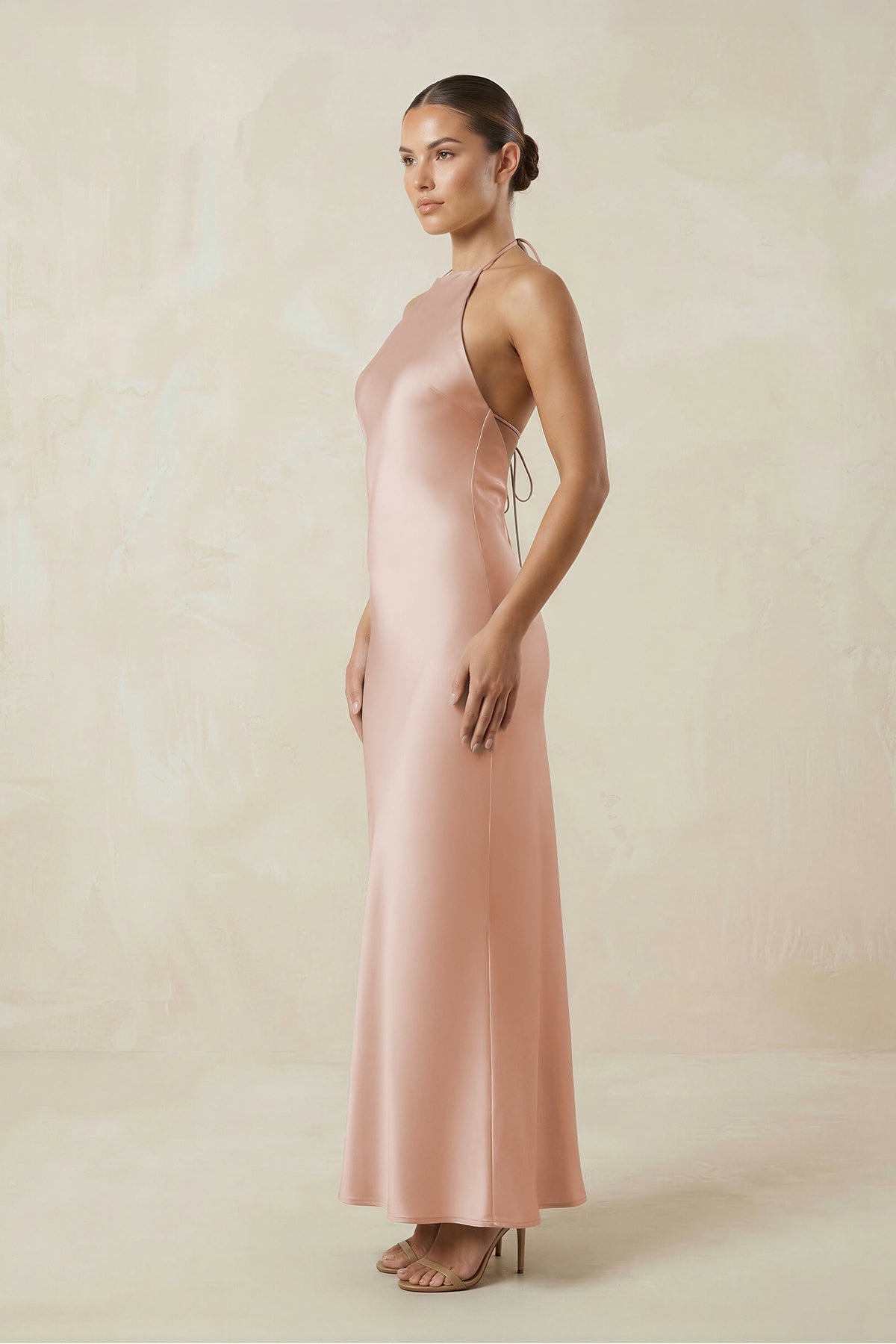 Halter Satin Sheath Midi Bridesmaid Dress in Pale Blush - Curvevia