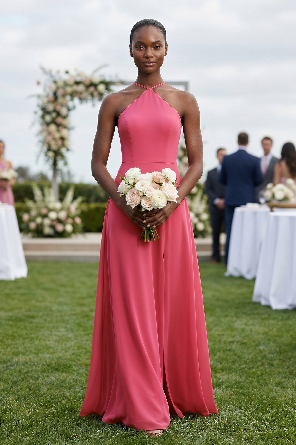 Sheath Halter Chiffon Bridesmaid Dress with Slit in Fuchsia - Curvevia