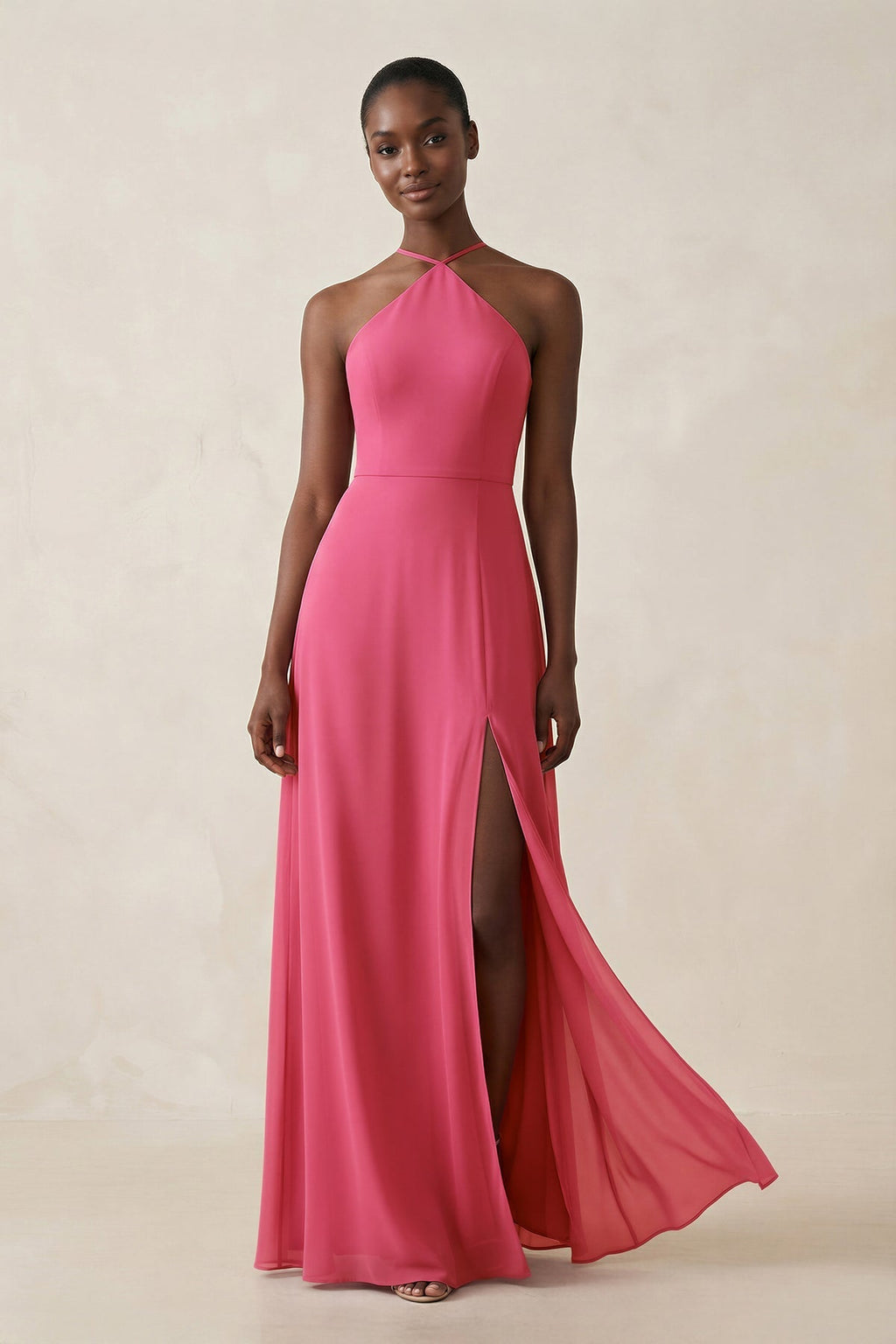 Sheath Halter Chiffon Bridesmaid Dress with Slit in Fuchsia - Curvevia