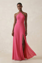 Sheath Halter Chiffon Bridesmaid Dress with Slit in Fuchsia - Curvevia